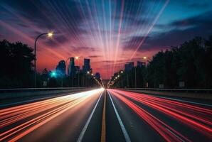 hora lapso fotografía de autopista la carretera a noche antecedentes. generativo ai foto