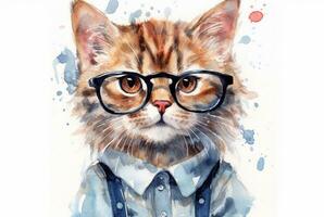 cute cat wearing glasses. watercolor effect. generative ai photo