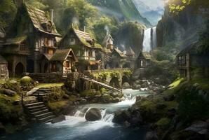 a small village with a beautiful waterfall. generative ai photo