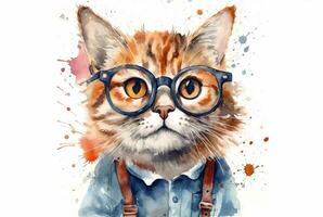 cute cat wearing glasses. watercolor effect. generative ai photo