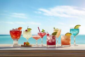assorted summer cocktails on a wooden table with a beautiful beach setting. generative ai photo