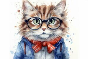cute cat wearing glasses. watercolor effect. generative ai photo