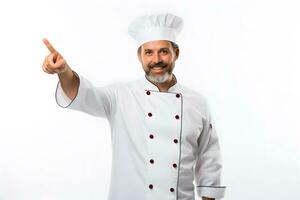 Chef man in studio pointing to the side to present a product photo