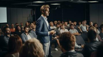 Businessman giving presentation in conference hall business and Entrepreneurship concept photo