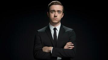 Portrait of young handsome businessman in black suit on black background photo