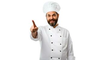 Chef man pointing to the front and smiling on isolated white background photo