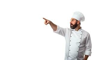 Chef pointing to the lateral on white background with copy space photo