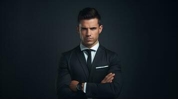 Portrait of a handsome businessman in a suit on a dark background photo