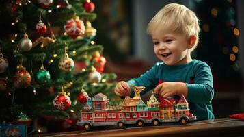 child plays with toy train sitteng ubder christma tree photo