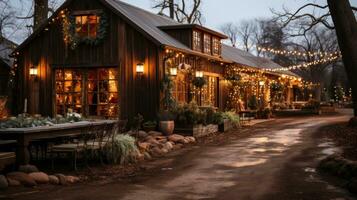 Rustic barn venue adorned with string lights and greenery photo