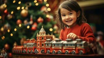 niño obras de teatro con juguete tren sentado ubder Navidad árbol foto