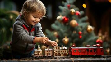 child plays with toy train sitteng ubder christma tree photo