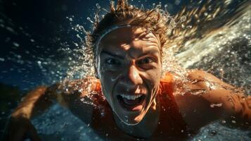 Energetic shot of a swimmer racing through the water like a torped photo