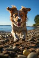 juguetón sombra de perro persiguiendo pelota en soleado playa foto