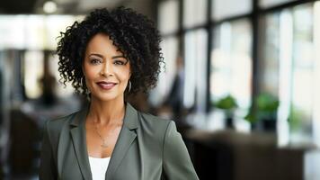 confidente africano americano mujer de negocios en trabajo atuendo, ai generativo foto