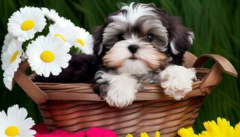 Generative AI, Puppy Love A Cute Pup Poses in a Basket Amidst a Floral Paradise photo