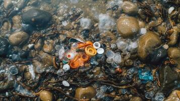 generativo ai, documentando el devastador impacto de de un solo uso plástica en marina vida foto