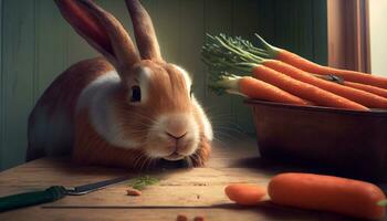 generativo ai, conejito felicidad un mascota Conejo mordiscos en zanahorias en un acogedor interior refugio foto