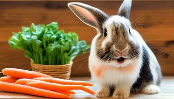 generativo ai, conejito felicidad un mascota Conejo mordiscos en zanahorias en un acogedor interior refugio foto