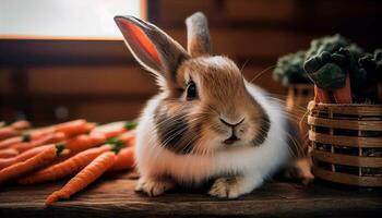 generativo ai, conejito felicidad un mascota Conejo mordiscos en zanahorias en un acogedor interior refugio foto