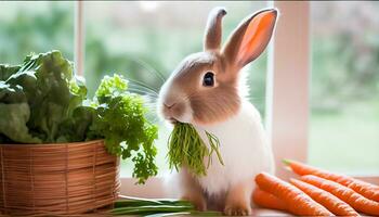 generativo ai, conejito felicidad un mascota Conejo mordiscos en zanahorias en un acogedor interior refugio foto