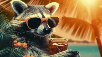 Raccoon's Tropical Getaway Shades, Sun, and Sips, AI Generative photo