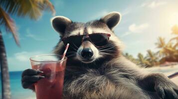 Raccoon's Tropical Getaway Shades, Sun, and Sips, AI Generative photo