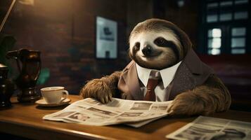 Slothful Elegance A Dapper Sloth's Morning Routine, AI Generative photo