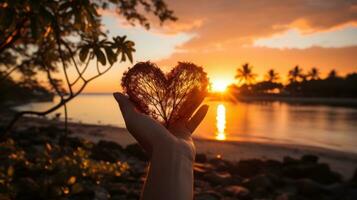 silueta de manos formando corazón forma con puesta de sol fondo foto