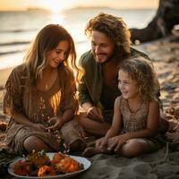 Cheerful family enjoying a picnic on the sandy shore photo