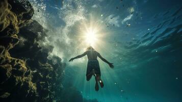 Stunning photo of a swimmer diving into a sparkling blue ocean