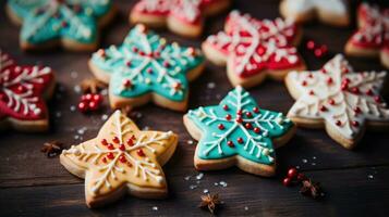 Colorful sugar cookies shaped like Christmas trees and reindeer photo