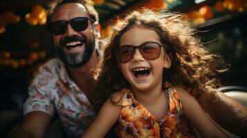 riendo familia teniendo divertido mientras montando en un plátano barco foto