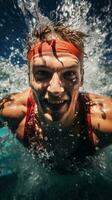 Energetic shot of a swimmer racing through the water like a torped photo
