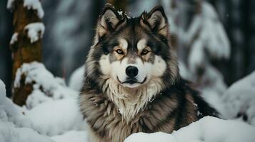 Majestic Alaskan Malamute in Snow-Covered Forest, AI Generative photo