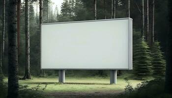 Generative AI, A Blank Billboard in the Serene Forest A Natural Advertising Opportunity for Your Product photo