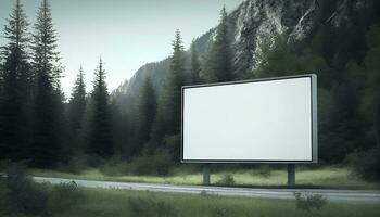 Generative AI, A Blank Billboard in the Serene Forest A Natural Advertising Opportunity for Your Product photo