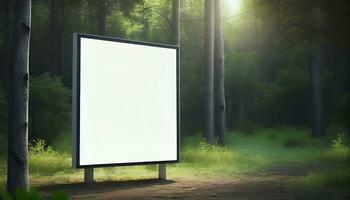 Generative AI, A Blank Billboard in the Serene Forest A Natural Advertising Opportunity for Your Product photo