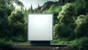 Generative AI, A Blank Billboard in the Serene Forest A Natural Advertising Opportunity for Your Product photo