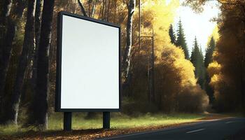 Generative AI, A Blank Billboard in the Serene Forest A Natural Advertising Opportunity for Your Product photo