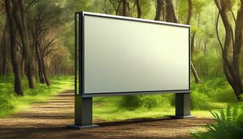 Generative AI, A Blank Billboard in the Serene Forest A Natural Advertising Opportunity for Your Product photo