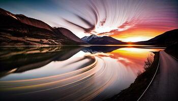 generativo ai, nubes en movimiento un largo exposición puesta de sol terminado el montañas, ai generativo foto