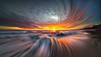 generativo ai, nubes en movimiento un largo exposición puesta de sol terminado el montañas, ai generativo foto