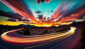 generativo ai, nubes en movimiento un largo exposición puesta de sol terminado el montañas, ai generativo foto