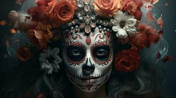 Elegance in Sugar Skull Makeup and Floral Adornments, AI Generative photo