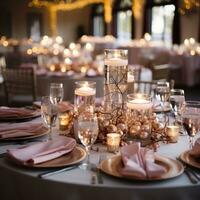 Elegant reception tables decorated with pink and gold accents photo