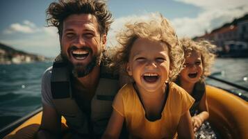 Laughing family having fun while riding on a banana boat photo