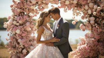 Happy newlyweds kissing under a beautiful floral arch photo