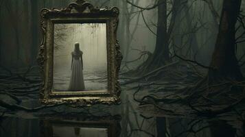 misterioso reflexión mirando dentro el obsesionado antiguo espejo, ai generativo foto