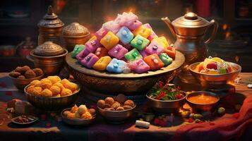 diwali delicias un de chuparse los dedos formación de tradicional dulces, ai generativo foto